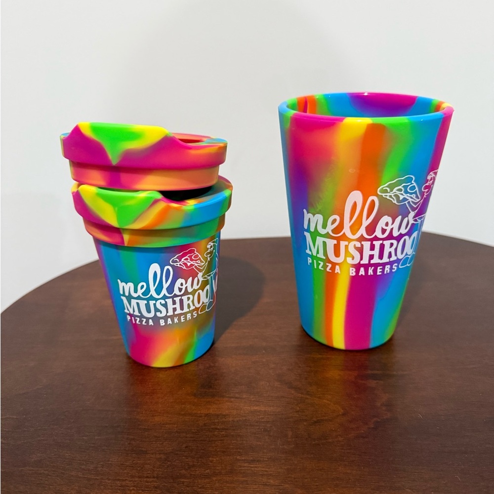 Two Silipint cold/ hot cups from Mellow Mushroom 
Small and large